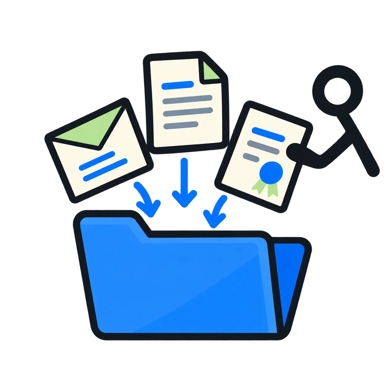Documents being collected into a folder.